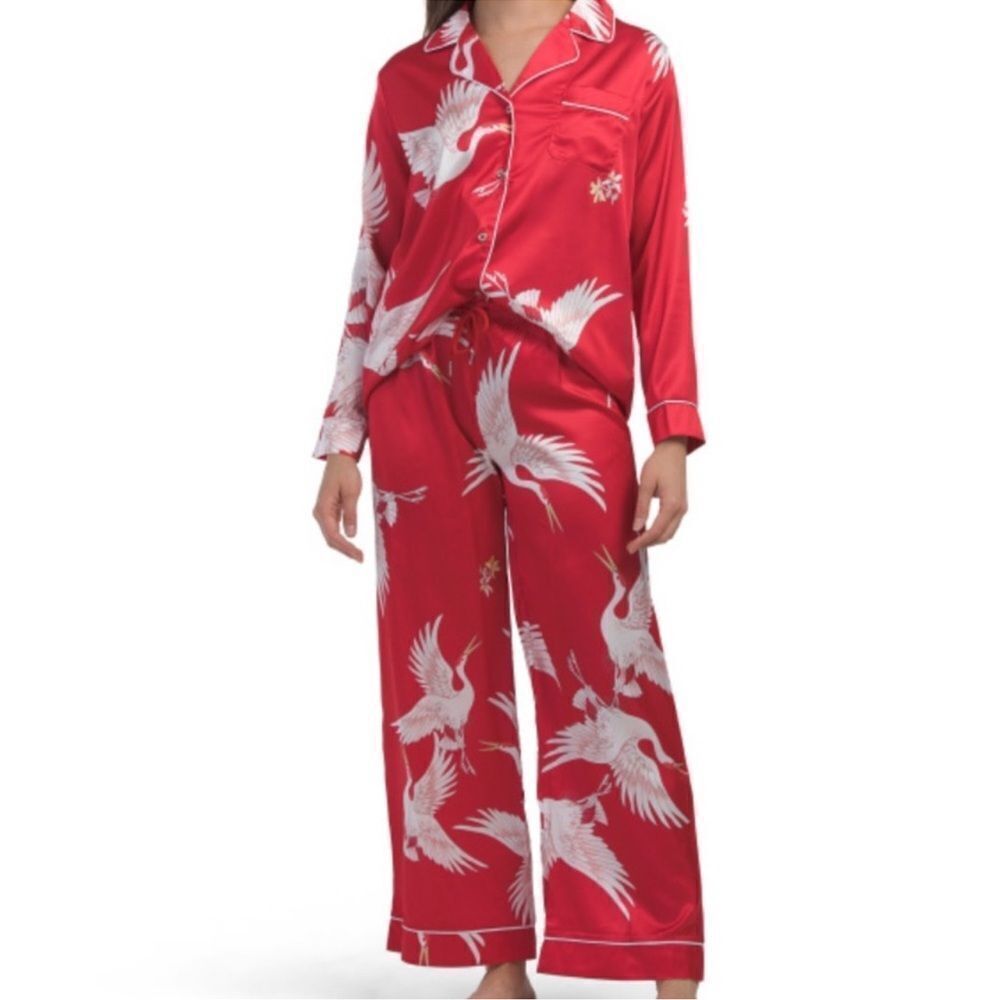DALIA MACPHEE M & L Red White Satin Ibis Bird Print Long Sleeve Long Pant PJ Set